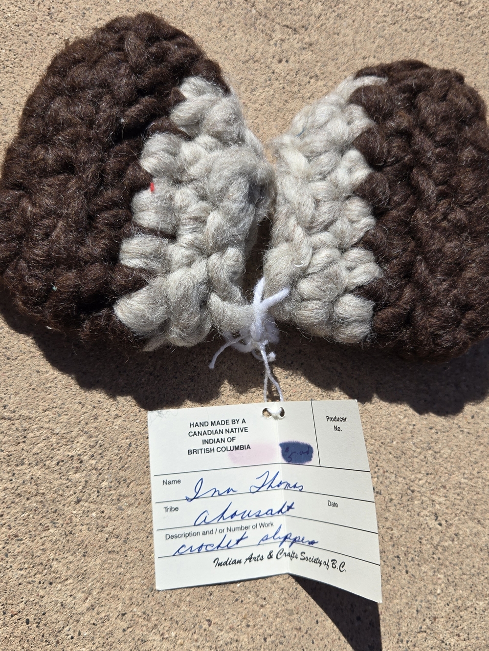 Handmade Brown and Gray Cowichan Canadian Indian Baby Slippers by Ian Thomas